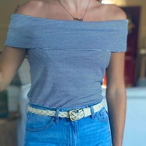 Navy and white stripped off the shoulders top.